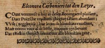 Gedichtje van Eleonora als voorwoord in de bundel "Den hof en boomgaerd der poësien" 1565