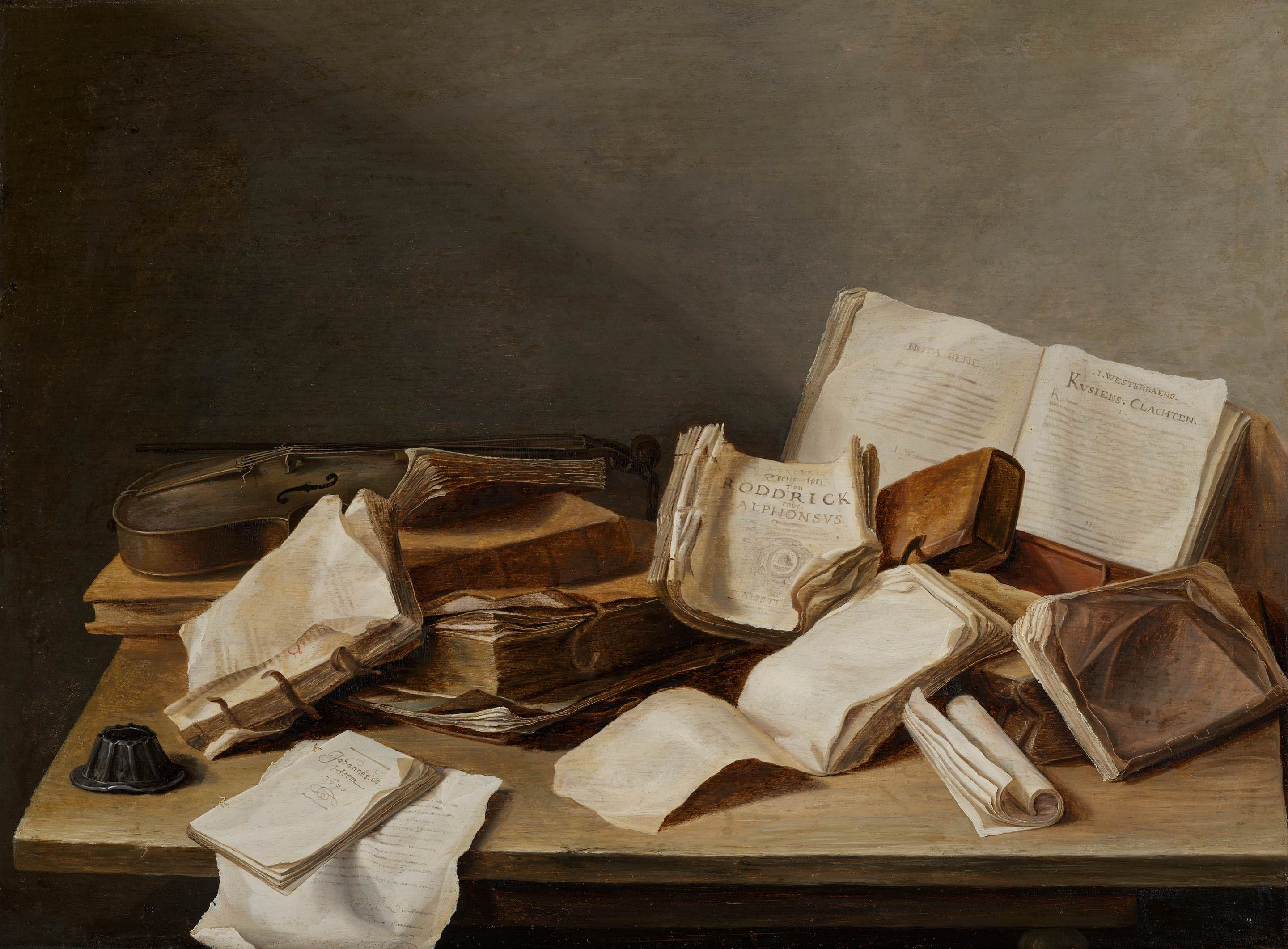 Stilleven met boeken en een viool