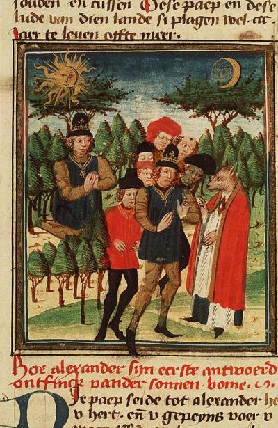 Alexander bij de sprekende bomen van zon en maan. Afbeelding uit een Nederlandse bijbelvertaling waarin, zoals vaker gebeurde, verhalen over Alexander de Grote zijn verwerkt. Hs. Den Haag, Koninklijke Bibliotheek, 78 D 39, f. 374v.