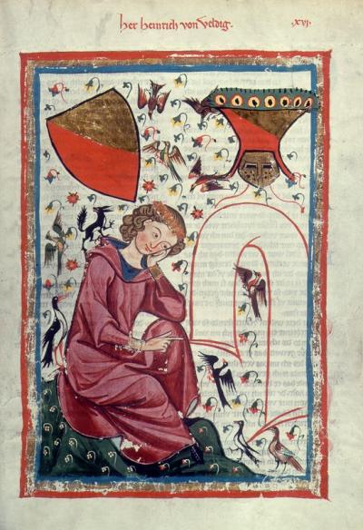 Hendrik van Veldeke, miniatuur uit de beroemde Codex Manesse. Hs. Heidelberg, Universitätsbibliothek, Cod. Pal. Germ. 848, f. 30.