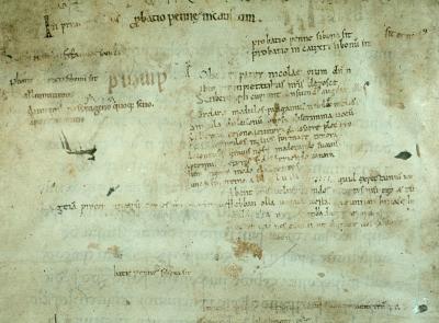 Een deel van blad waarop een Vlaamse monnik Hebban olla vogala noteerde.  Hs. Oxford, Bodleian Library, MS. Bodl. 340, f. 169v.