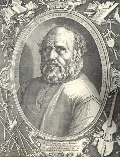 Op deze ets gaf Hendrick Goltzius met de voorwerpen in de hoeken aan wat Coornhert kon: hij was (van linksboven met de klok mee) notaris, tekenaar en graveur, musicus en een ervaren schermer.  Portret van Coornhert door Hendrick Goltzius (Rijksprentenkabinet A’dam). Afgedrukt in Dawn of the Golden Age 1993, p. 395. DBNL: http://www.dbnl.org/auteurs/beeld.php?id=coor001