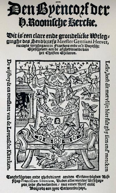 Op het titelblad van de Byencorf zie je de korf in de vorm van een pauselijke tiara (kroon). De kardinalen vliegen er als bijen omheen.  Titelpagina Biëncorf, cf. Poelhekke, de Vooys en Brom, Platenatlas bij de Ned. Literatuurgeschiedenis, Gron. Etc., 1933, 21.
