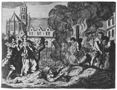   De Inquisitie in Gent brengt protestanten om het leven door hen te verbranden en levend te begraven.  T. de Vries, Ketters. 1982, p. 595. (Uit: J. Gysius, Historiën der vromer martelaren.)