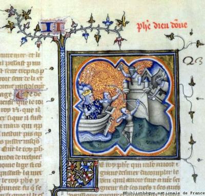 Akko wordt belegerd door kruisvaarders tijdens de derde kruistocht. De afbeelding is te zien in een 14e eeuws boek met een kroniek over de geschiedenis van Frankrijk en de Fransen.  Hs. Parijs, Bibliothèque nationale de France, FR 2813, f. 237.