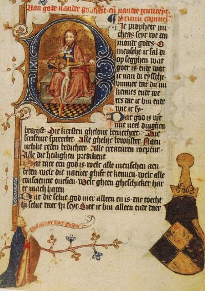 De Tafel van den kersten ghelove van hofkapelaan Dirc van Delft behandelt allerlei geloofszaken. Hier zie je een blad uit het eerste exemplaar, dat aangeboden werd aan Albrecht van Beieren, de graaf van Holland. Links knielt Dirc, rechts is het familiewapen van Albrecht afgebeeld.  Hs. Baltimore, Walters Art Gallery, W. 171, f. 1r.