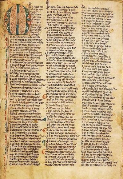 Een bladzijde uit de beroemde Lanceloetcompilatie, waarin Lanceloet en het hert met de witte voet bewaard is. Hier is met een grote initiaal het begin van Arturs doet aangegeven, een van de negen andere teksten in dit handschrift.  Hs. Den Haag, Koninklijke Bibliotheek, 129 A 10, fol. 201r.
