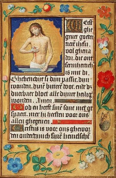 Man van smarten: de lijdende Christus is afgebeeld nederige mens, zodat iedere gelovige zich goed in hem kon herkennen.  Hs. Den Haag, Museum Meermanno, 10 F 4, f. 14r