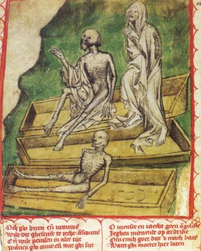 In sommige geestelijke geschriften richten de doden zich vanuit het graf op rauw-realistische wijze direct tot de mens om hem aan te sporen tot een deugdzaam leven.  Wiesbaden, Hessisches Hauptstaatsarchiv, Abt. 3004 B 10, f. 126v