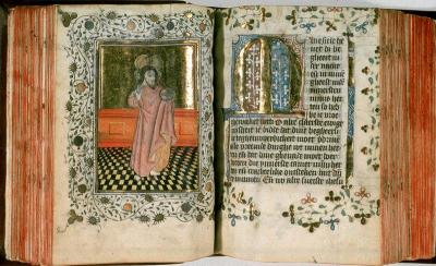 Christus als Salvator mundi (redder van de wereld). Miniatuur aan het begin van de Getijden van de eeuwige wijsheid door Geert Grote.  Hs. Den Haag, Koninklijke Bibliotheek, 71 G 54, f. 64v.