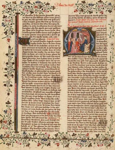 Leraar onderwijst zijn leerlingen. De bijbelse koning Salomo afgebeeld in een middeleeuwse bijbel.  Hs. Den Haag, Koninklijke Bibliotheek, 78 D 38 II.