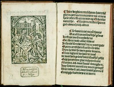   De dood jaagt op Elckerlijc. Houtsnede uit een gedrukt boek uit 1500 waarin het toneelstuk is verschenen.  Den Haag, Koninklijke Bibliotheek, 231 G 51, f. a1v-a2r.