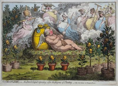   Stadhouder Willem V afgebeeld als een ordinaire hoerenloper in The Orangerie; - or – the Dutch Cupid reposing, after the fatigues of planting (1796).  Fashionable Contrasts. Caricatures by James Gillray. London 1966