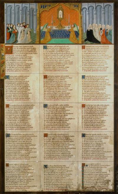 Anthonis de Roovere schreef in 1456 een lofdicht dat op verschillende plaatsen in kerken werd opgehangen. Het gedicht werd daarvoor op een groot vel perkament geschreven en mooi geïllustreerd. In Brugge is nog een van die bladen bewaard.  Brugge, Museum van de Sint-Salvatorkathedraal (Plano van Anthonis de Rooveres Lof van den Heylichen Sacramente).