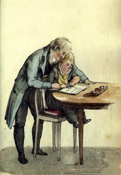 Willem de Vos leert schrijven. Tekening van zijn vader Jacob de Vos uit 1804.  In: Eveline Koolhaas-Grosfeld Vader en zoons. Father and sons. 2001, p. 171.