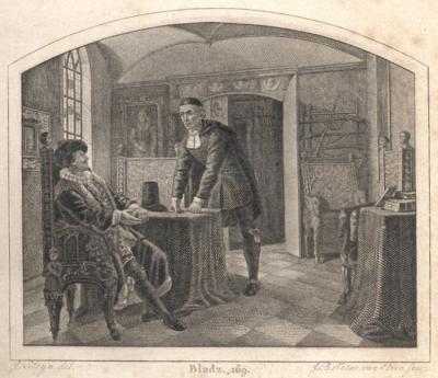 Titelpagina van De Pleegzoon met een afbeelding van een kamer in een middeleeuws kasteel .