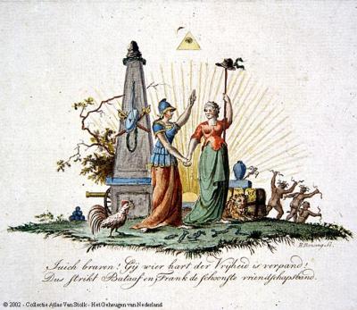 Patriotten en Fransen reiken elkaar de hand in 1795 (Atlas van Stolk 11872).  Atlas van Stolk