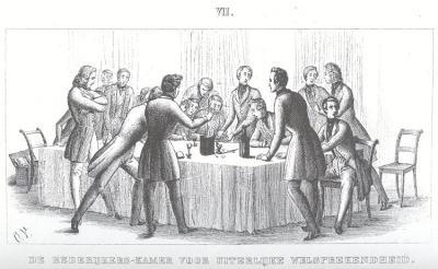   Tekening door O.Veralby van de Leidse Rederijkers-kamer voor Uiterlijke welsprekendheid, waar romantische studenten bij elkaar kwamen (Klikspaan, Studentenleven. Leyden 1844. 1e druk t.o. p. 376).  Klikspaan, Studentenleven. Leyden 1844. 1e druk t.o. p. 376