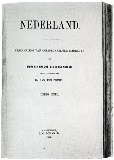 Het eerste titelblad van het tijdschrift Nederland met de naam van Jan ten Brink als redacteur, bestemd voor het deel met het september- tot en met decembernummer 1872.