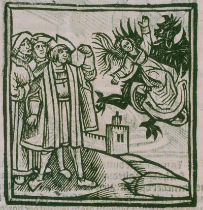 Duivel Moenen neemt Mariken mee de lucht in. Houtsnede uit de druk van Willem Vorsterman, Antwerpen, ca. 1515 (München, Bayerische Staatsbibliothek, Rar. 518)