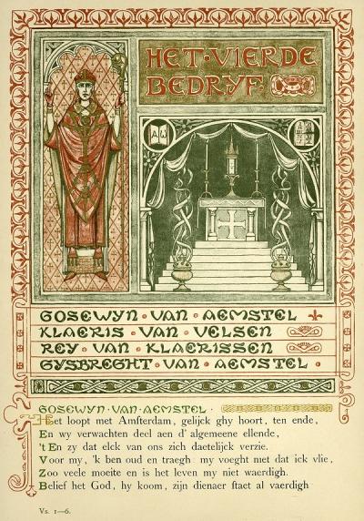   Pagina uit de door diverse kunstenaars verzorgde boekuitgave van Vondels treurspel Gysbrecht van Aemstel.  Antoon Derkinderen et. al, Gysbrecht van Aemstel. Haarlem 1893, p. 52.