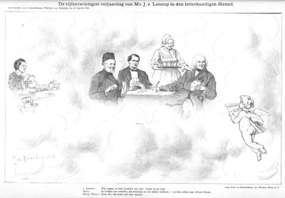 Prent in het tijdschrift De Amsterdammer bij de vijfentwintigste sterfdag van Jacob van Lennep. Van Lennep wordt getroost door de schrijfster Betje Wolff als blijkt dat er weinig aandacht meer blijkt te zijn voor het werk van Van Lennep.  In: De Amsterdammer, bijvoegsel, 27 augustus 1893