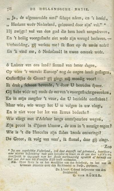 Pagina met de ingreep van de Franse censuur en daaronder de toevoeging van de familie.  In: J.F. Helmers, De Hollandsche Natie. Tweede druk 's-Gravenhage 1814, p. 56. (NB: de pagina is los ingebonden na de volledige tekst.)