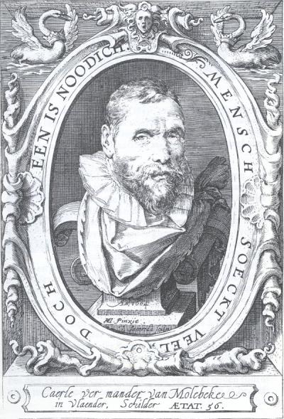 Portret van Karel van Mander. Deze gravure werd afgedrukt in Het Schilder-Boeck.  Portret Van Mander. O.a. in: Het Schilder-Boeck. Ed. A.F. Mirande en G.S. Overdiep, 1943, Wereldbibliotheek, A’dam, p. 10. [Dit is een scherpe afdruk] [KB Den Haag 347 G 15]