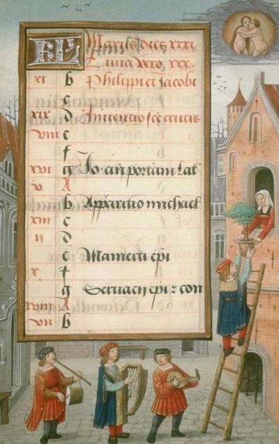 Drie muzikanten begeleiden zichzelf bij het zingen van een meilied.  Hs. Cambridge, Fitzwilliam Museum, 1058-1975, f. 5r.