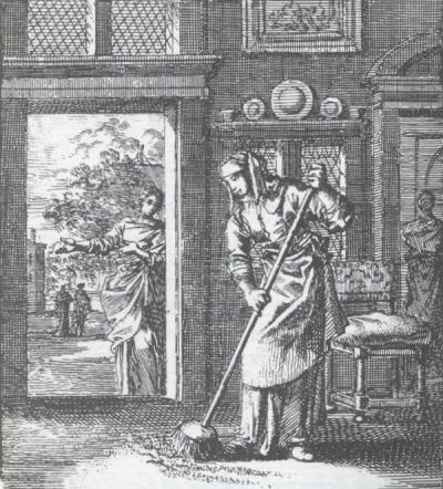 Zoals het huis met een bezem moet worden schoongeveegd, zo moet ieder mens zijn eigen hart van zonden reinigen.  Jan Luyken, Het leerzaam huisraad. Wed. P. Arentz en K. vander Sys, Amsterdam 1711. Fotomechanische herdruk De Banier, Utrecht 1977, p. 146