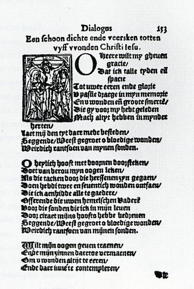 Het gotische lettertype op deze pagina uit Het Prieelken der Gheestelyker Wellusten werd in de zestiende en zeventiende eeuw veel gebruikt, bijvoorbeeld in het onderwijs.  M.A. Schenkeveld-van der Dussen e.a., Met en zonder Lauwerkrans p.135