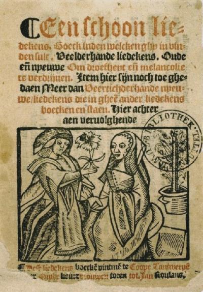 Titelpagina van Een Schoon Liedekens-Boeck dat in 1544 in Antwerpen werd gedrukt en daarom het Antwerps Liedboek wordt genoemd.  Wolfenbüttel, Herzog Augustbibiothek, 236.5 Poetica