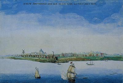 Op deze prent is de belangrijkste versterkte nederzetting van de kolonie Nieuw-Nederland afgebeeld. De nederzetting heette Nieuw-Amsterdam en lag op het eiland dat nu Manhattan is. Toen de Engelsen de Hollanders in 1664 uit Amerika verdreven, werd Nieuw-Amsterdam New York, naar de Engelse plaats York.  omslag J. Jacobs, Een zegenrijk gewest: Nieuw-Nederland in de zeventiende eeuw. Amsterdam, Prometheus/Bert Bakker, 1999).