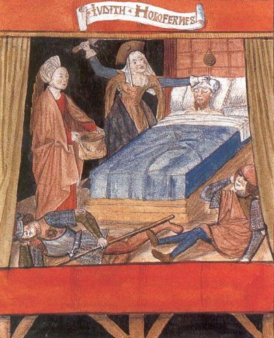 Tableau vivant van Judith en Holofernes tijdens de Blijde Inkomst van Johanna van Castilië te Brussel in 1496.  Berlijn, Kupferstichkabinett.