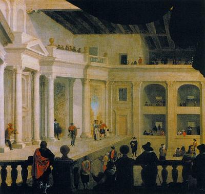 De Schouwburg in 1653. Schilderij van Hans Jurriaensz. van Baden.  René van Stipriaan, Het volle leven. Prometheus, Amsterdam 2002, p. 166