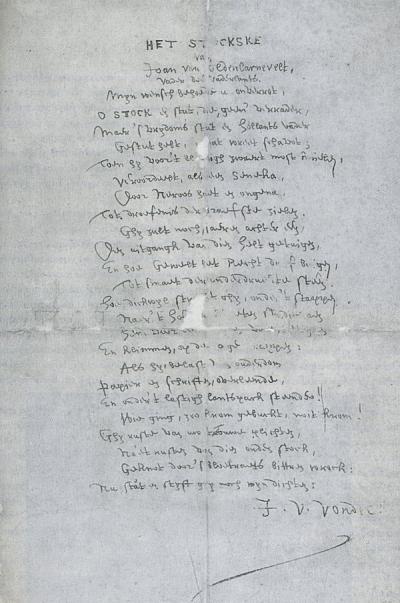 Het gedicht Het stockske in Vondels handschrift, samen met de vermoedelijke wandelstok van Johan van Oldenbarnevelt.  In: René van Stipriaan, Het volle leven, p. 32 (Stedelijk Museum De Lakenhal, Leiden)