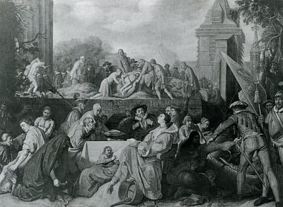 De hongersnood tijdens het beleg van Leiden, afgebeeld door de zeventiende-eeuwer Joris van Schoten.  hongersnood in Leiden. In: Het volle leven, p. 32 (Stedelijk Museum De Lakenhal, Leiden)