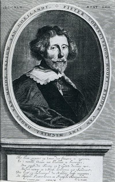 Hooft op een gravure van A. Sijlvelt uit 1642, afgedrukt in het eerste deel van de Nederlandsche Historien.  gravure A. Sijlvelt, portret Hooft. In: Hella S. Haasse & Arie-Jan Gelderblom, Het licht der schitterige dagen. Het leven van P.C. Hooft. Amsterdam, Querido, 1997 (eerste druk 1981), p. 124. Collectie UB Utrecht