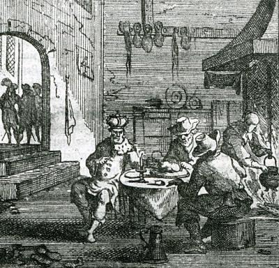 Karel V aan tafel bij de schoenlappers. Op dit verhaal uit De Heerelycke en Vrolycke daden van Keyser Carel den V. (1675) baseerde De Swaen zijn toneelstuk. Gravure van G. Bouttats.  Griffioen De gekroonde laars, ed. H. Meeus, p. 85, Collectie UFSIA Antwerpen, universiteitsbibliotheek).