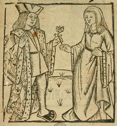 Houtsnede met Floris en Blancefloer in een uitgave van Jan van Doesborch uit ca. 1517.  Gent, Universiteitsbibliotheek, Res. 219.
