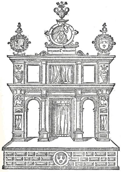 Podium van het Antwerpse Landjuweel van 1561. Bovenaan staat de spreuk van de rederijkerskamer De Violieren: ‘Wt ionsten versaemt’ (‘Uit genegenheid [voor de kunst] samengekomen’).