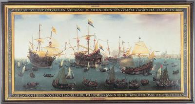 Schilderij van de terugkeer van de eerste vloten uit Azië in de Amsterdamse haven in 1599.
