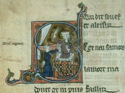 Zoeteblik biedt de dame het hart van de dichter aan. Miniatuur uit de Franse Roman de la poire.  Hs. Parijs, Bibliothèque nationale de France, ms. fr. 1584, f. 41v.