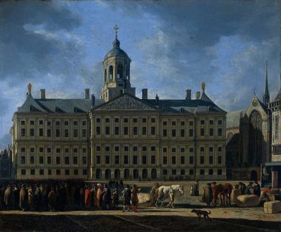 Het Amsterdamse stadhuis torende als grootste gebouw van de stad boven alles uit.  Amsterdams Historisch Museum B 1160. Frontaal.