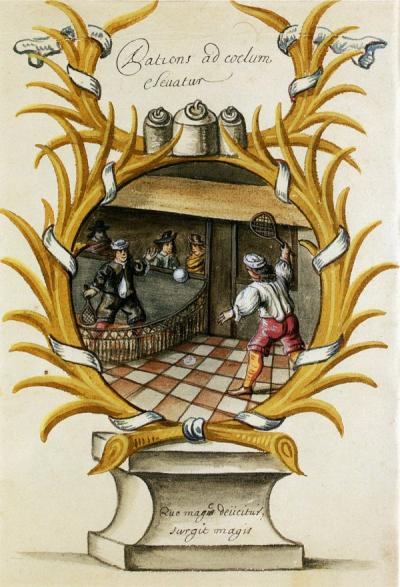 Een leerling van het Brusselse jezuïetencollege maakt in 1646 een affixio met een wijze les over een tennisbal: hoe harder je wordt geslagen, des te hoger zul je klimmen.  K. Porteman, Emblematic exhibitions at the Brussels Jesuit College (1630-1685). 1996, p. 66.