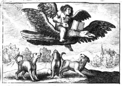 Afbeelding bij embleem "Amor eruditus": Cupido zit op een vliegende adelaar met een opengeslagen boek en olijftak in zijn hand, op de grond drie honden die omhoog kijken