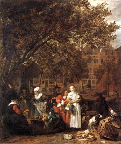 Gabriël Metsu (1629-1667), Groentemarkt in Amsterdam. In de platte mand vooraan zitten onder andere bloemkool en Hoornse wortelen: dure, verfijnde groenten. Op de achtergrond huizen van de Prinsengracht.  Gabriël Metsu, Groentemarkt in Amsterdam. Olieschilderij op doek, 97 x 83 cm. 1660 of 1661. Musée du Louvre, Parijs. Op: Food in the Arts http://www.londonfoodfilmfiesta.co.uk/Artmai~1/images~2/metsu-v_market.jpg .