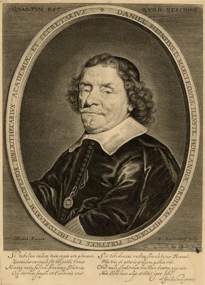 Portret van Heinsius door J. Merck en J. Suijderhoff, met een lovend onderschrift van een collega-geleerde: Hugo de Groot.  http://www.dbnl.org/auteurs/beeld.php?id=hein001; collectie DNL