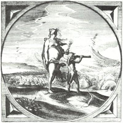 In gezelschap van zijn moeder Venus speurt Cupido in Zeeland naar mensen die hij verliefd kan maken. Gravure van Adriaen van de Venne.  P.J. Meertens en P.J. Verkruijsse (eds.), Zeeusche Nachtegael en bijgevoegd A. vande Venne Tafereel van Sinne-mal, Drukkerij Verhage & Zoon, Middelburg, 1982, p. 56