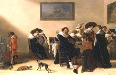 Zeventiende-eeuwers zongen en speelden vaak bij elkaar thuis, zoals deze etende en musicerende groep op een schilderij van Anthonie Palamedesz uit 1632. De vrouw rechts bespeelt een luit.